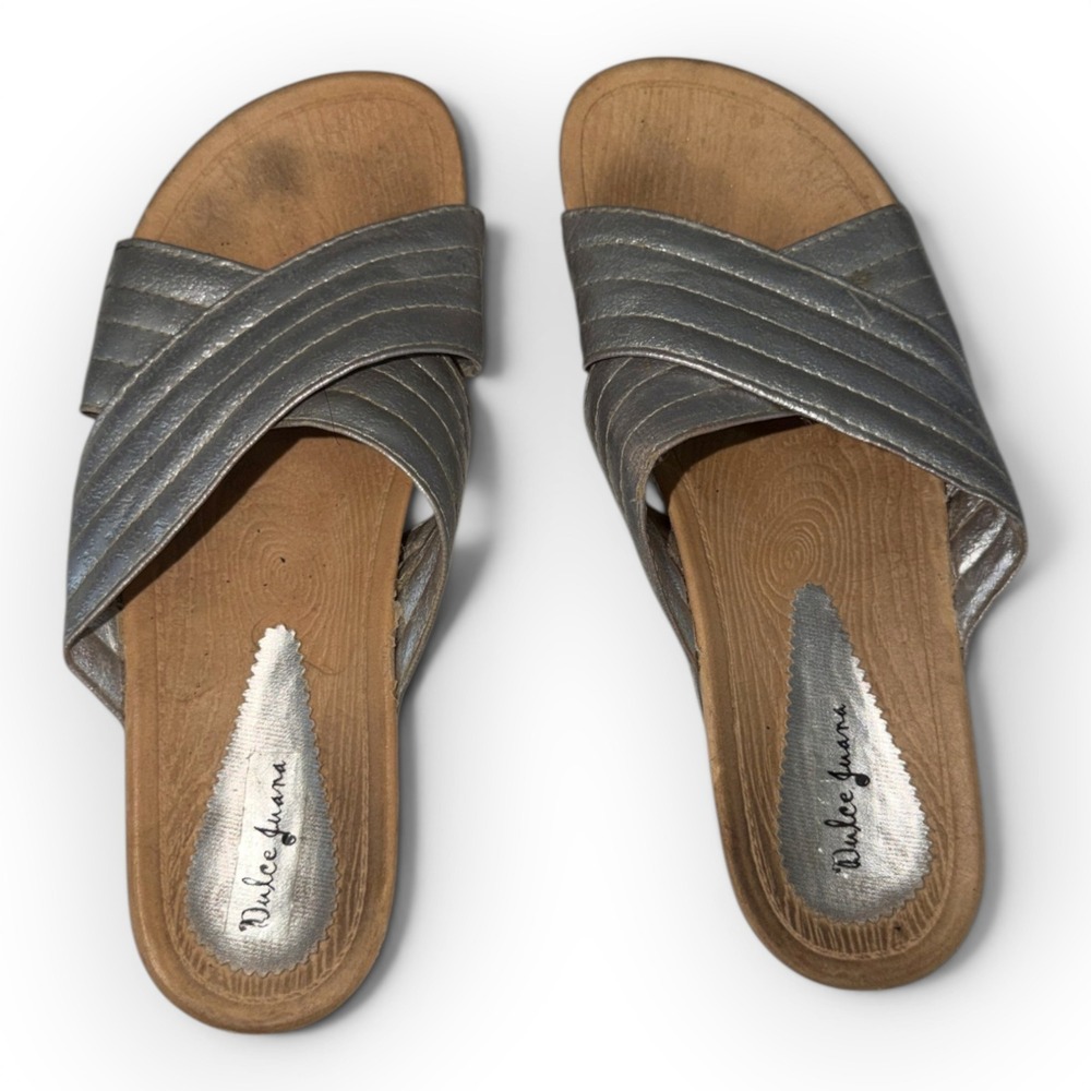 Dulce Juana Womens‎ 6 Metallic Silver Quilted Criss Cross Slide Sandals Flats